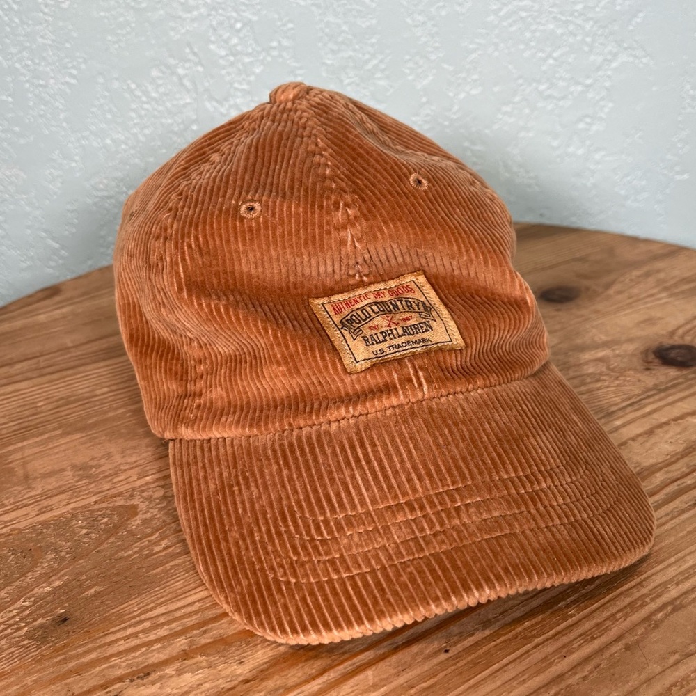 Ralph Lauren Polo Country Mens Brown Corduroy Hat O/S Leather Strapback Cap VTG